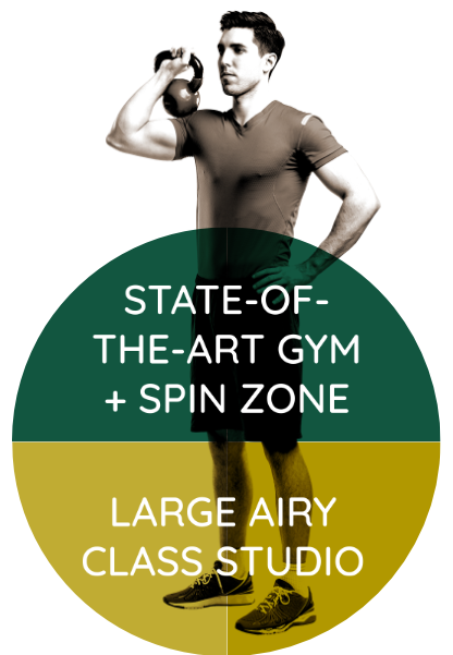 State-of-the-art gym + spin zone. Large airy class studio.